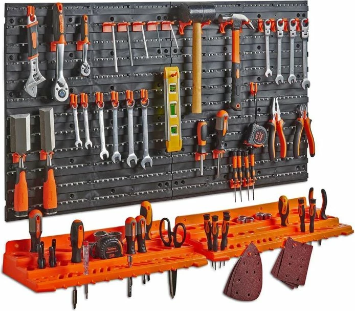 Panel organizimi veglash me rafte, VONHAUS 15/192, 2 panele muri + 2 rafte, 50 grepë, 96×54 cm, zi/portokalli