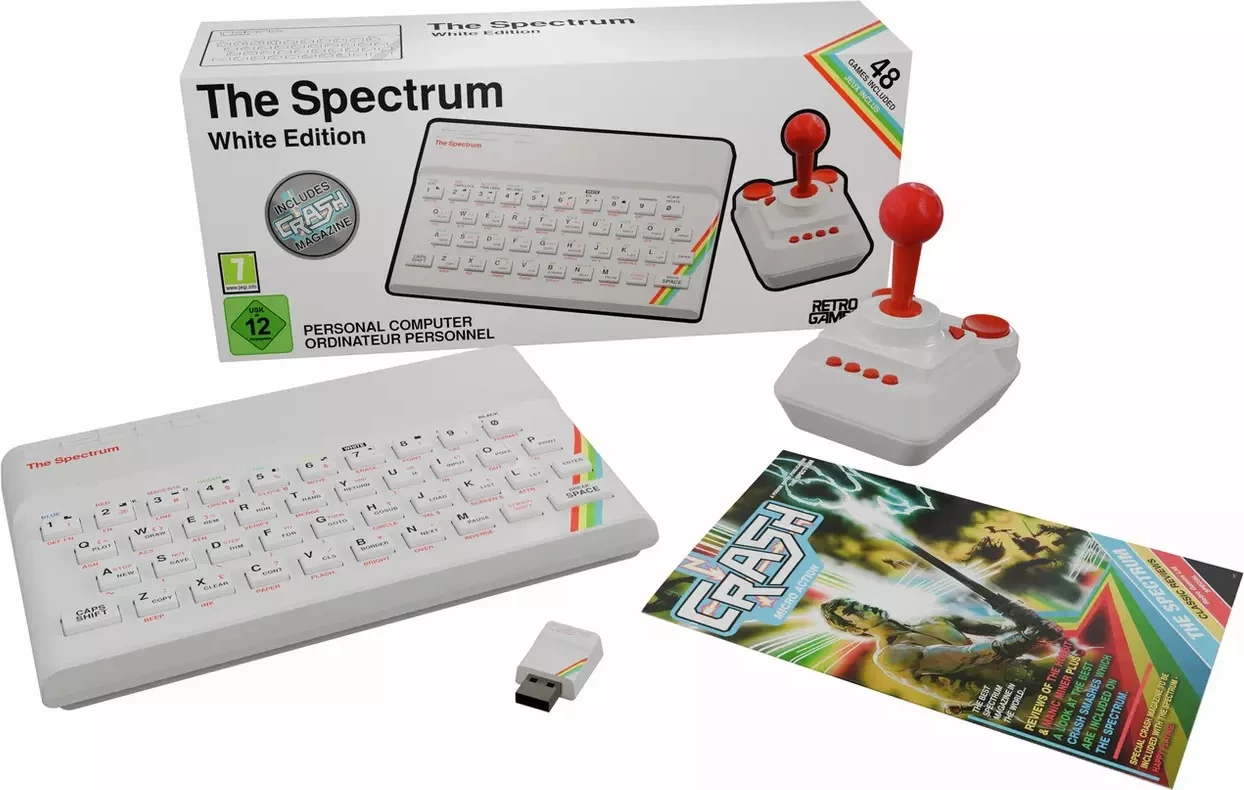 Konsolë retro Plaion The Spectrum White Edition Limited Edition, 48 lojëra të instaluara, USB-C, set me joystick + USB stick + revistë, e bardhë