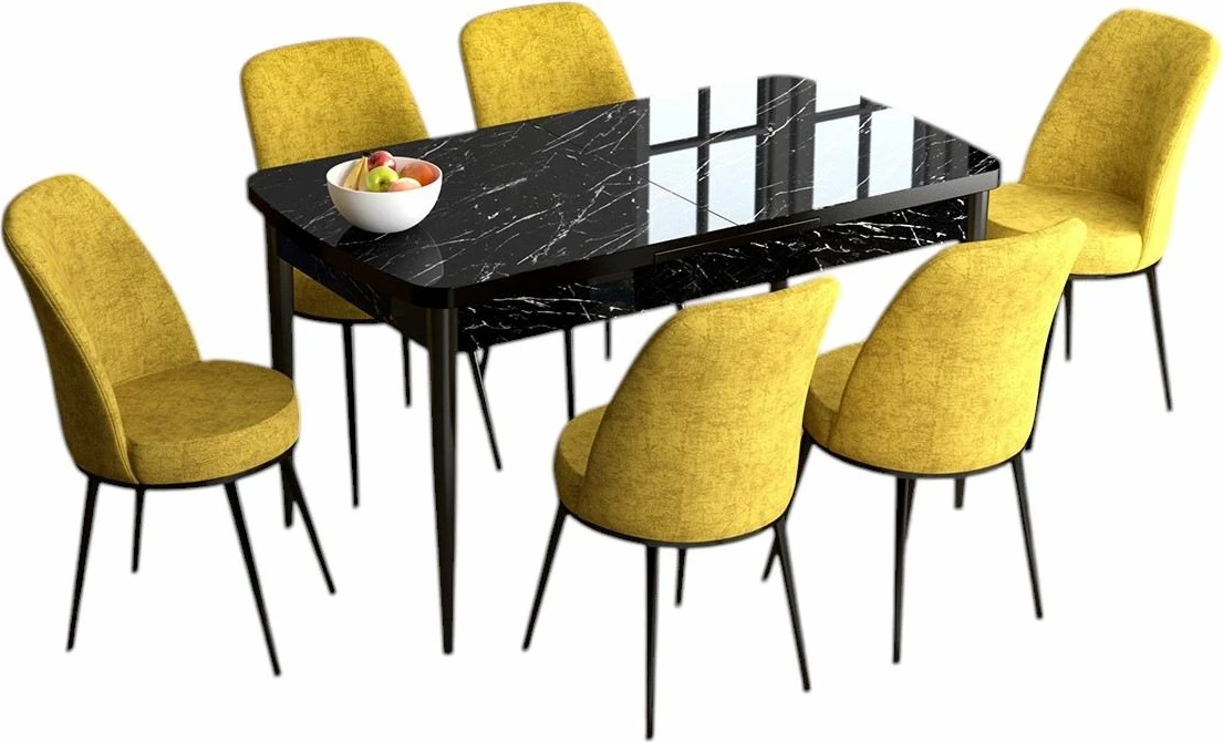 Tavolinë me karrige për ngrënie, e zgjatshme, 7 copë, Skye Decor, Han, mermer i zi, mustard