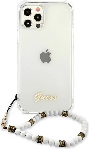 Mbështjellës Guess GUHCP12MKPSWH për iPhone 12/12 Pro 6.1", transparent me varëse perlë
