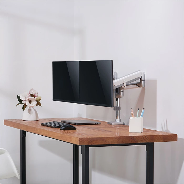 Mbajtëse dy monitorë LogiLink, 17"-32", alumini, gas spring, me shtyllë, argjendtë