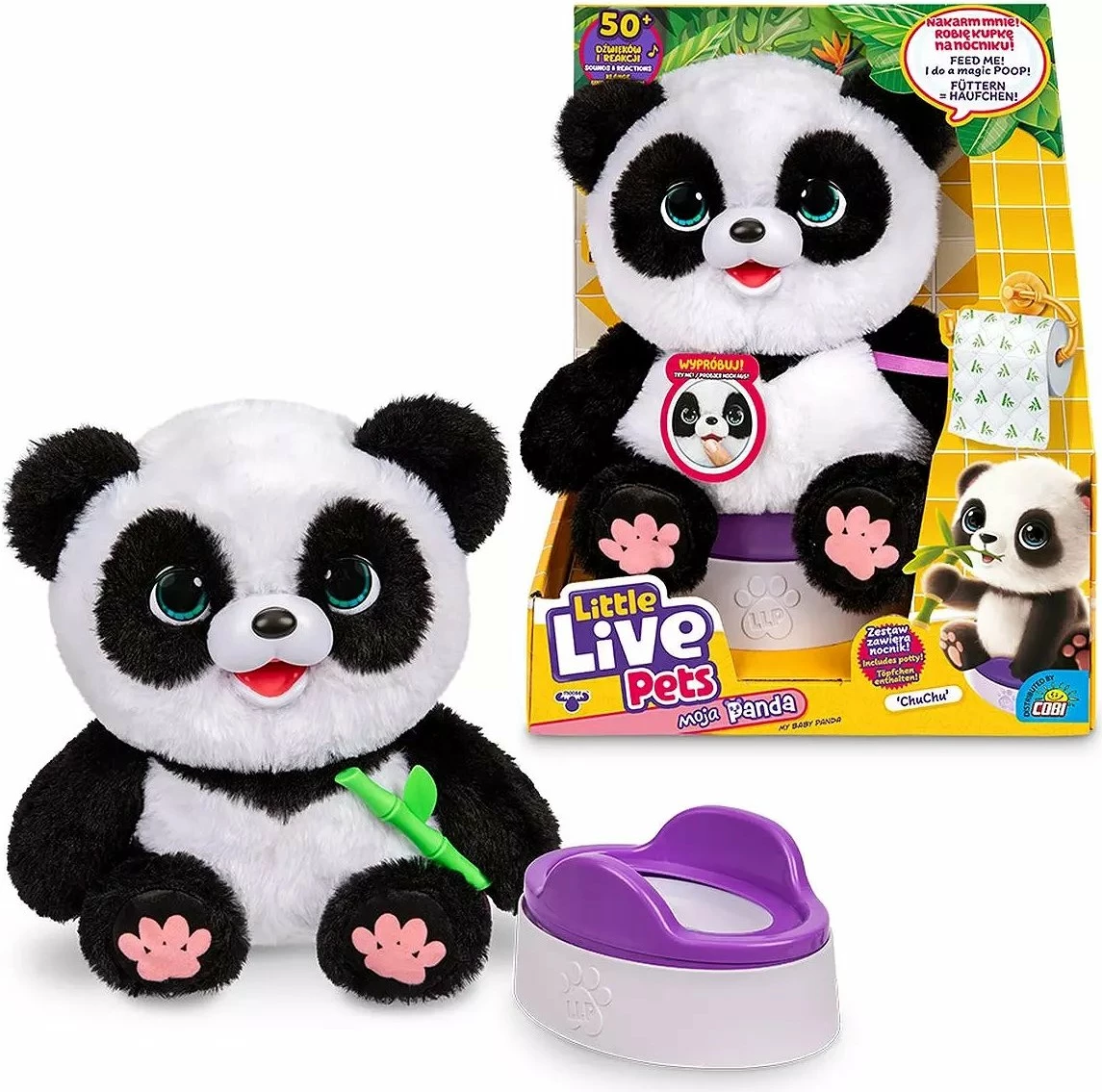 Lodër interaktive panda Cobi Little Live Pets Moja Panda ChuChu, mbi 50 tinguj/reaksione, 3x AA, me shishe ushqimi, bardhë/zi