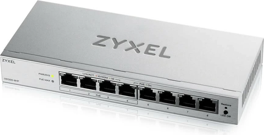 Switch i menaxhueshëm PoE Zyxel GS1200-8HPV3-EU0101F 8xGigabit 4xPoE+ pa ventilator, argjendtë