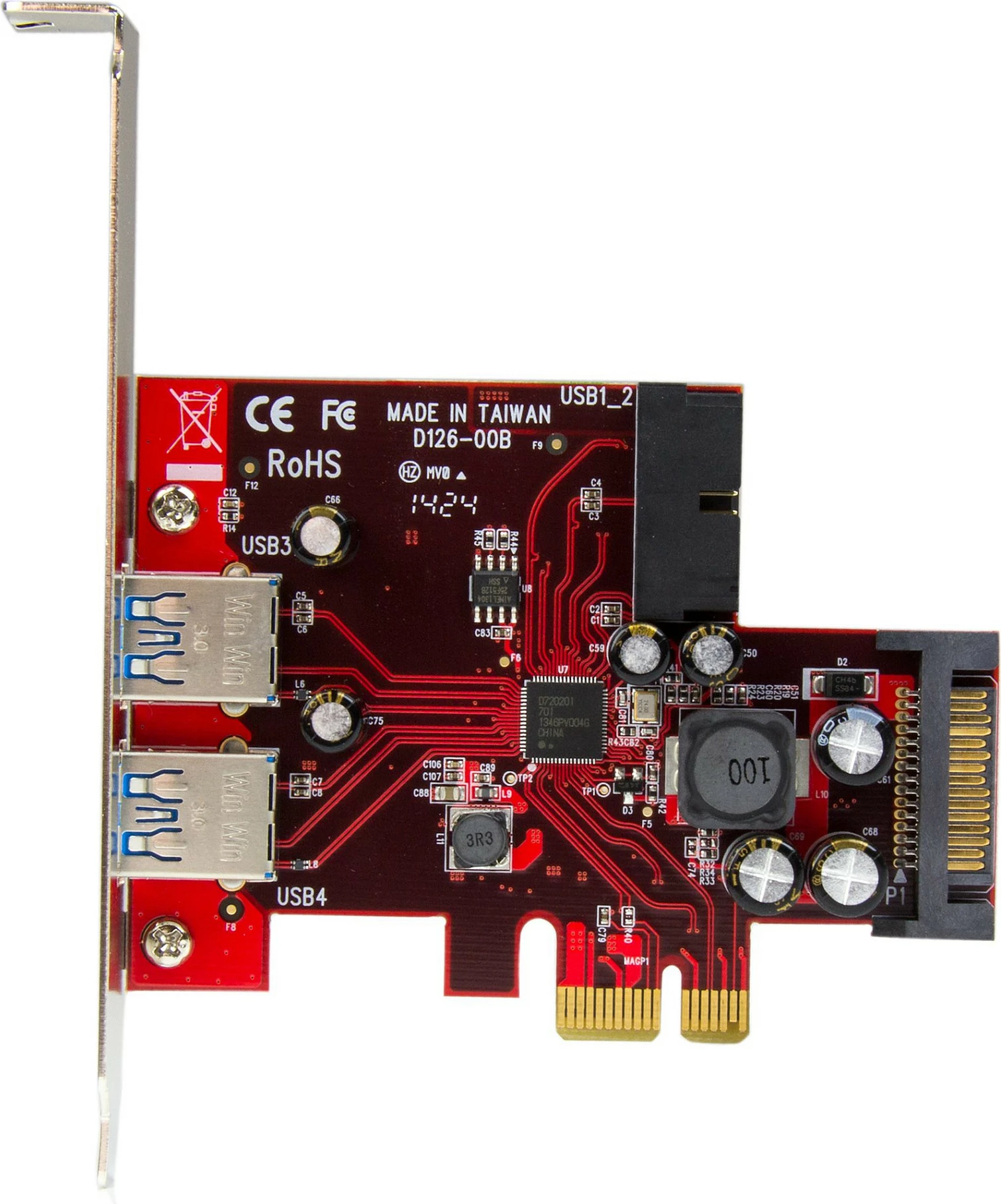 Kartë zgjerimi PCIe StarTech PEXUSB3S2EI, 4-Port USB 3.2 Gen 1, 2 jashtëm + 2 internal, SATA Power, UASP, metalike e kuqe