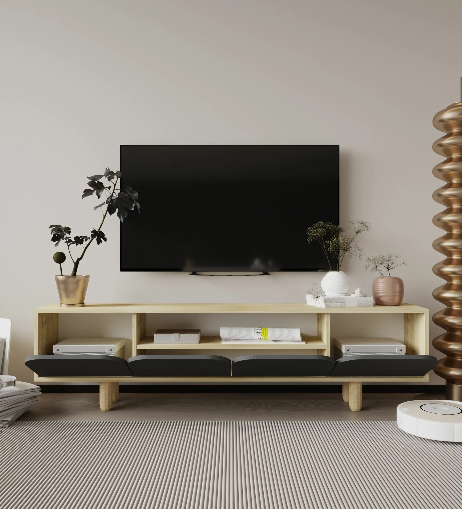 Komodë TV Skye Decor, ngjyrë lisi safir dhe antracit, Lazio