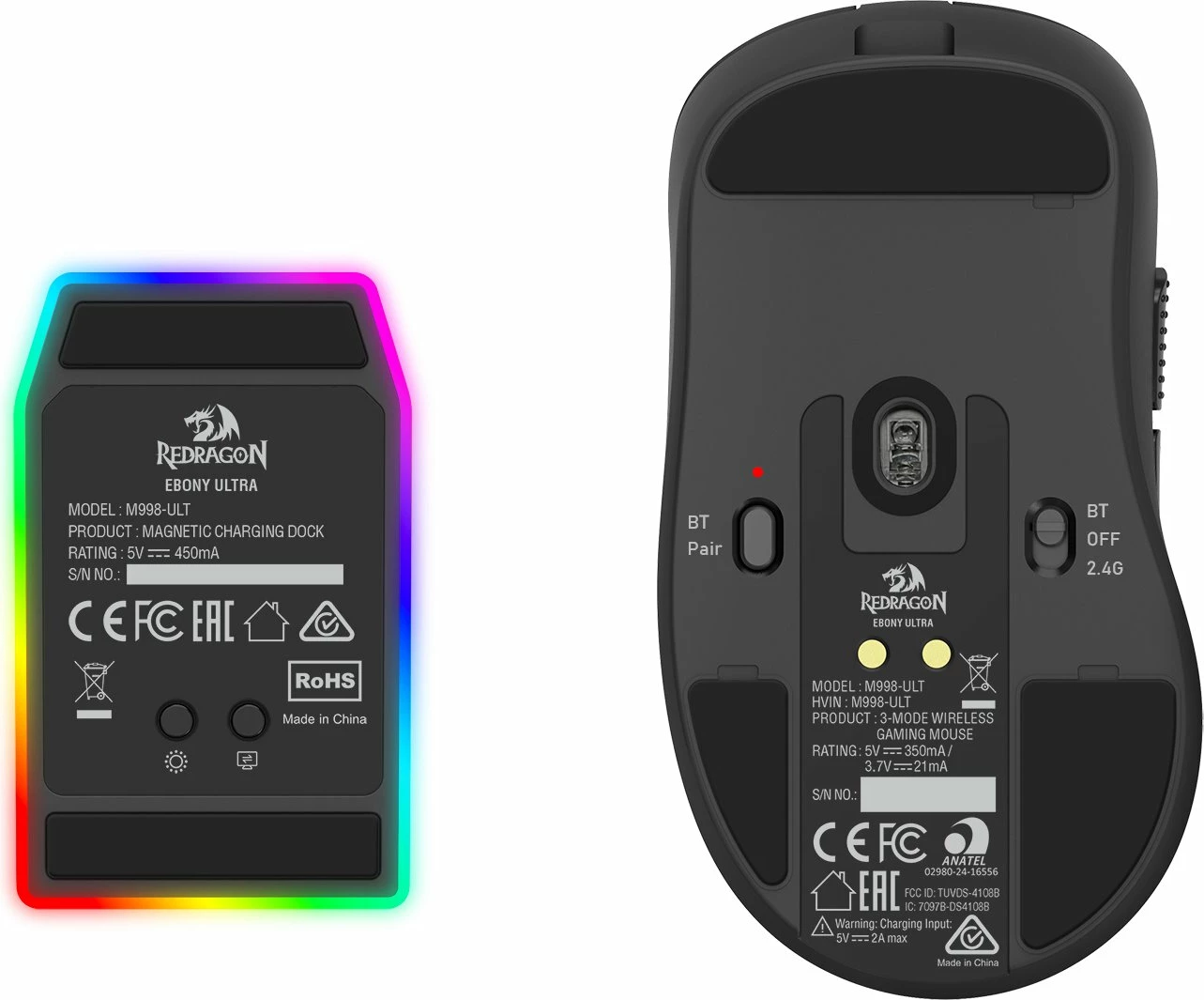 Maus Redragon Ebony Ultra M998-ULT 8K, 30000 DPI, tri-mode (USB/2.4GHz/Bluetooth), 6 butona, 61 g, me stacion karikimi magnetik RGB me LCD, i zi, set 2 copë