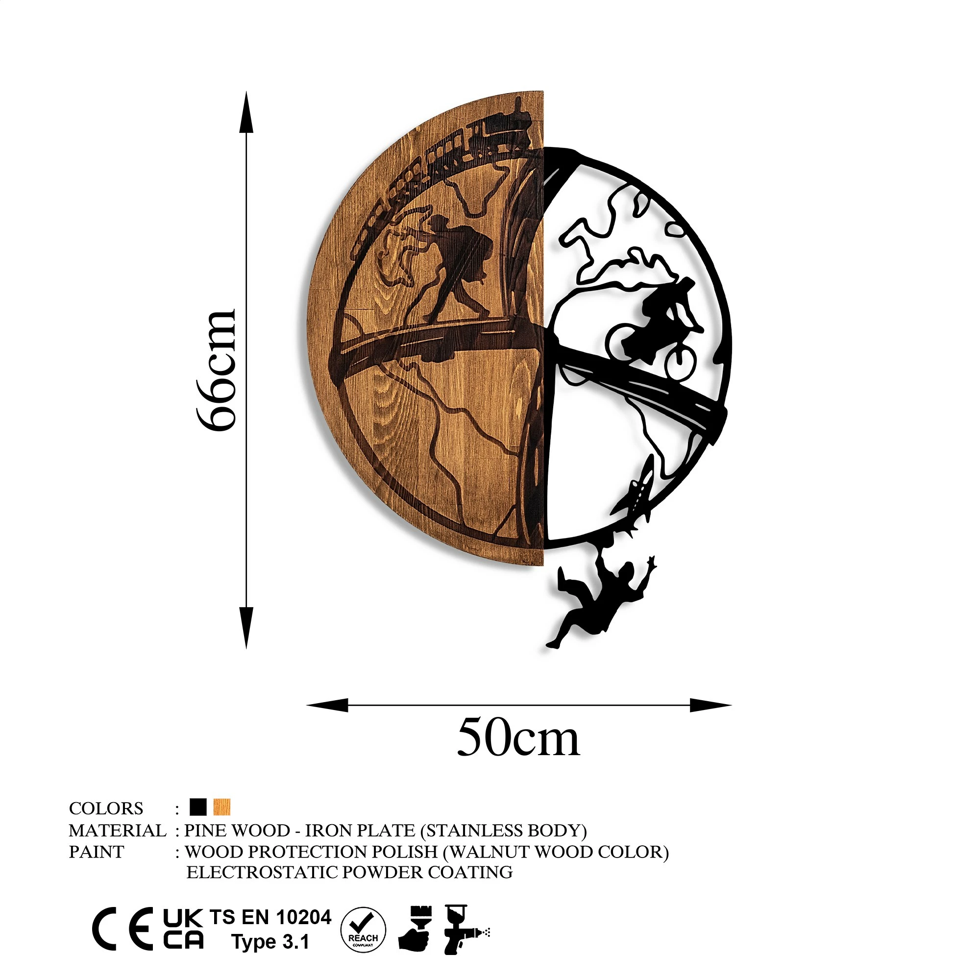 Aksesor dekorativ prej druri për mur, Wallity, Globetrotting, ngjyrë arre dhe e zezë, 50x66cm