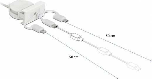 Kabllo DeLOCK Easy 45 USB 2.0 3-n-1 retraktabile, USB-A në USB-C/Micro USB/Lightning, 0.5 m, 2A, e bardhë