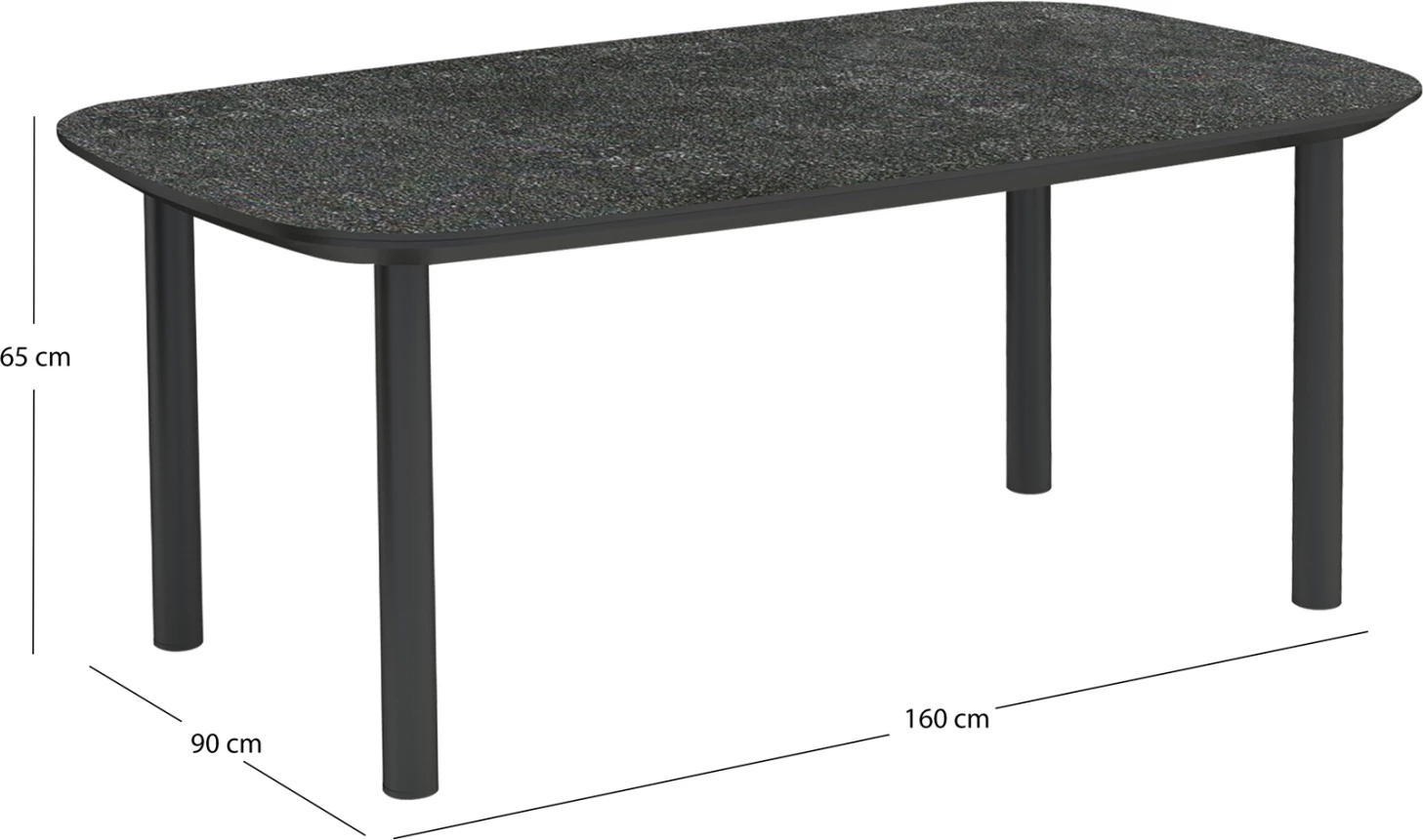 Tavolinë ngrënieje Wales, lartësi e ndërmjetme, kornizë alumini, ngjyrë gri e errët, sipërfaqe xhami 3D, 160x90x65cm