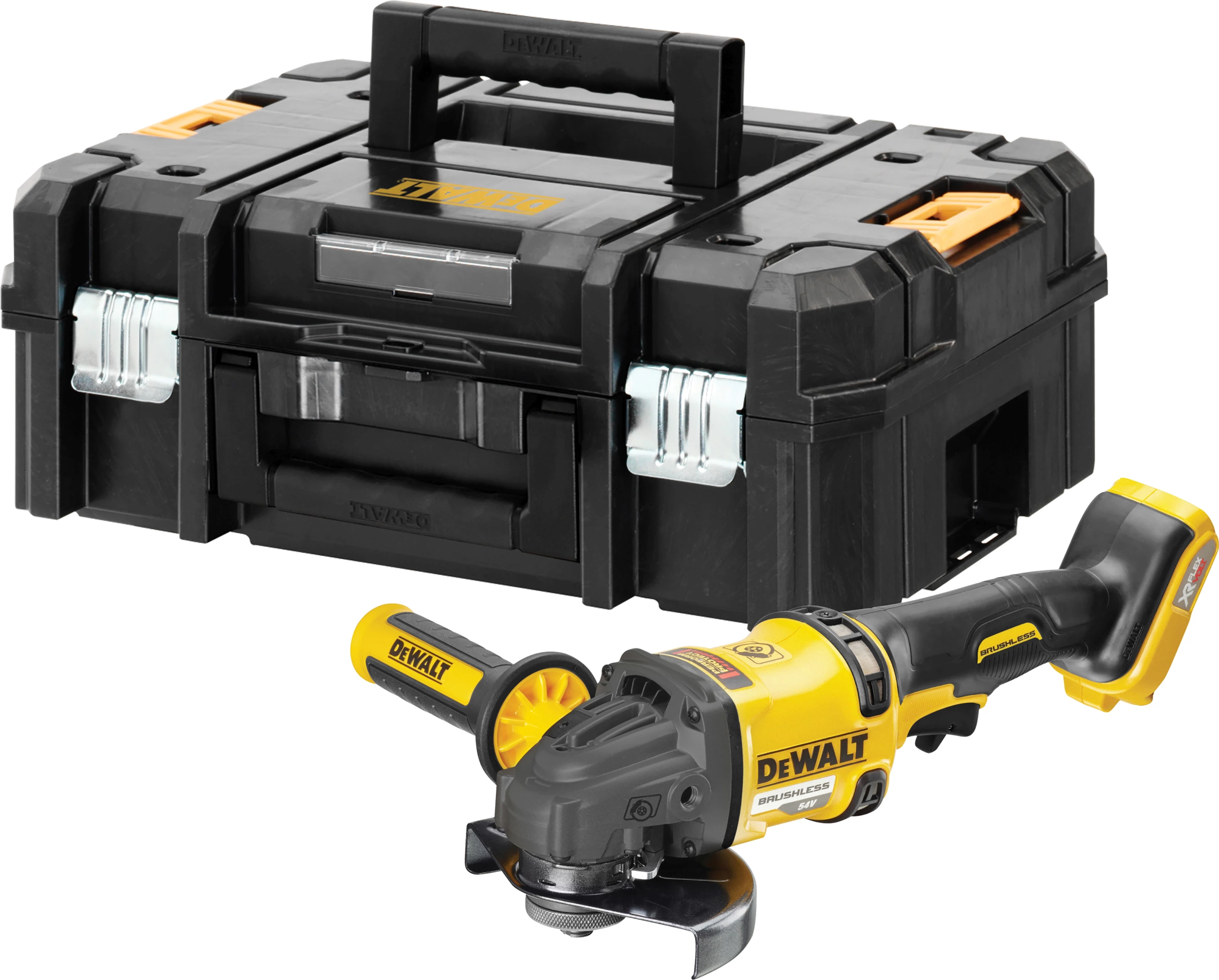 Brus këndor me bateri DeWalt DCG418NT 54V 125mm Brushless, TSTAK pa bateri/karikues, e verdhë/zezë