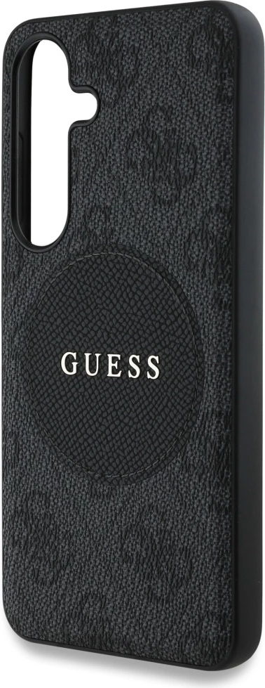 Mbështjellës Guess 4G Round Patch Classic Logo MagSafe për Samsung Galaxy S25+, eko-lëkurë/TPU/PC, Black