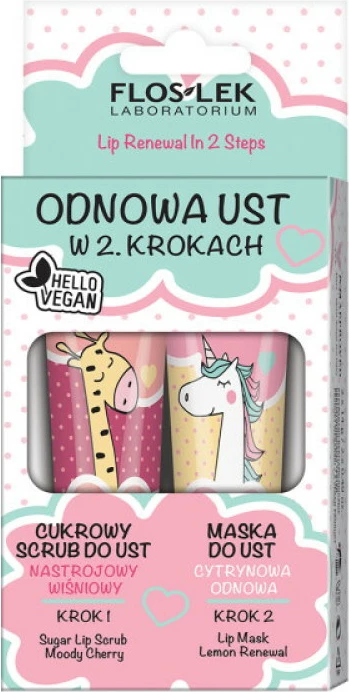 Set për buzë Floslek Vege Lip Care Renewal 2 hapa Cherry Sugar Scrub + Lemon Lip Mask për femra 2x14g