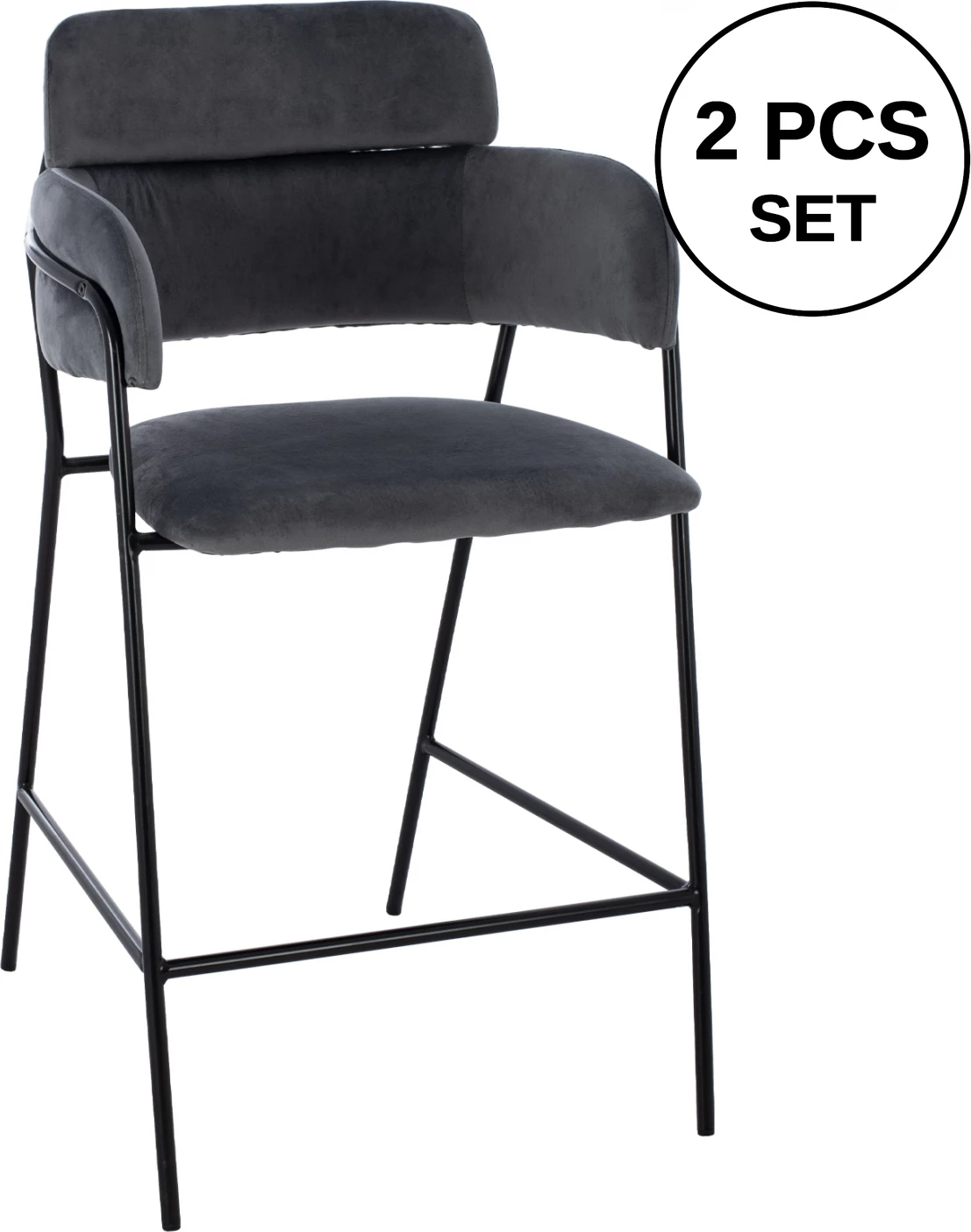 Karrige për bar, lartësi mesatare, FH8735.01, kadife gri me kornizë metalike, 54x58x95Y cm., set prej 2 copë