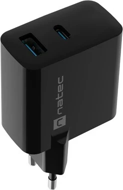 Karikues Natec Ribera GaN 45W me USB-A dhe USB-C në ngjyrë të zezë