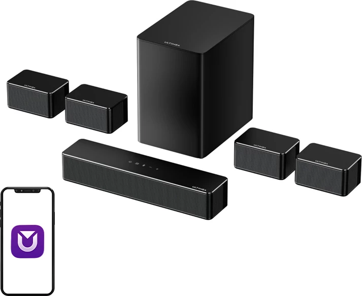 Soundbar Ultimea Poseidon D70 7.1 410W Bluetooth 5.3, set me subwoofer wireless + 4 altoparlantë satelitë, e zezë