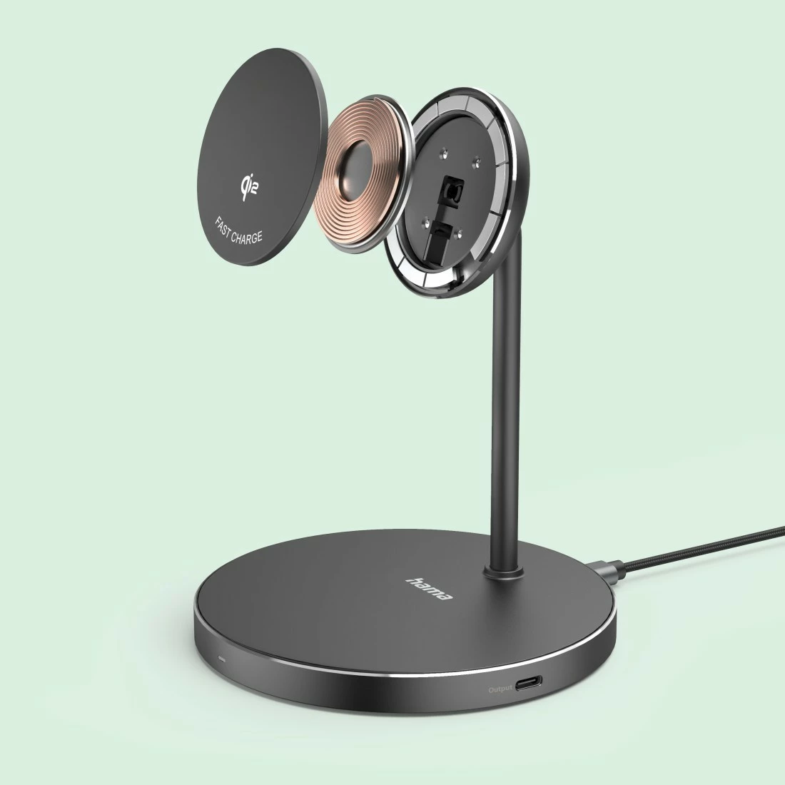 Karikues pa tela me magnet tavoline, Hama 201737, Qi2 Fast Charge 15W, mbajtës i rregullueshëm 0–65° me rrotullim 360°, 2x USB-C, i zi