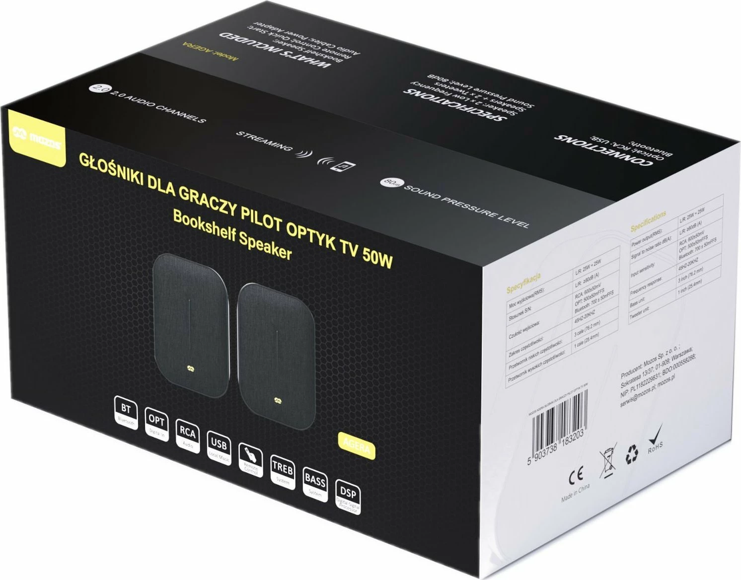Altoparlantë kompjuteri Mozos Agera 2.0, 50W RMS, Bluetooth 5.0, me telekomandë, të zeza, set 2 copë