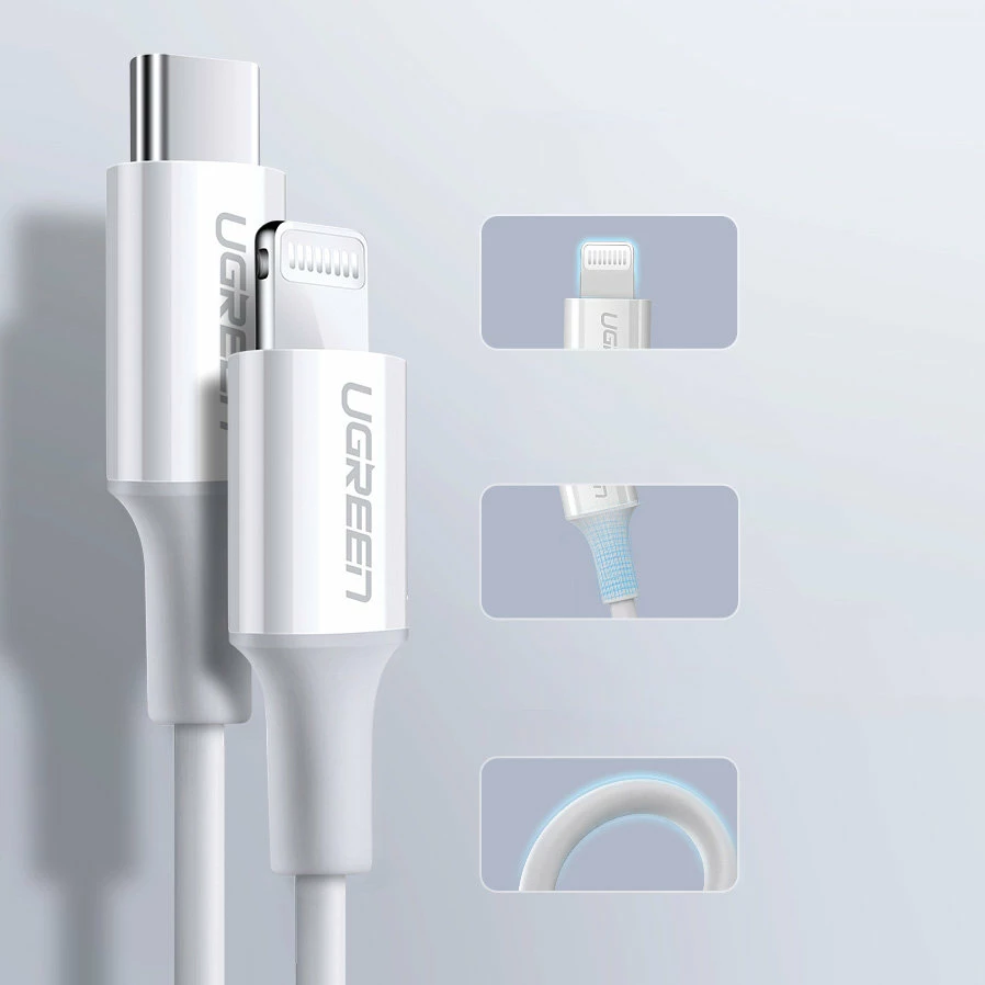 Kabllo Ugreen US171 USB-C në Lightning, 0.5m, 20W, 3A, e bardhë