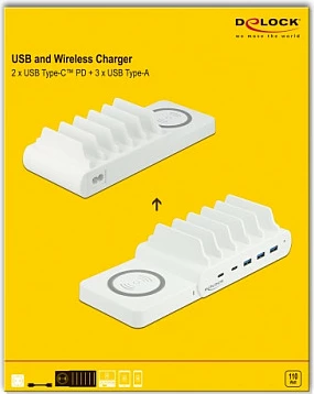 Stacion karikimi DeLOCK USB-C PD 2x + USB-A 3x, 110W, wireless 15W, i bardhë