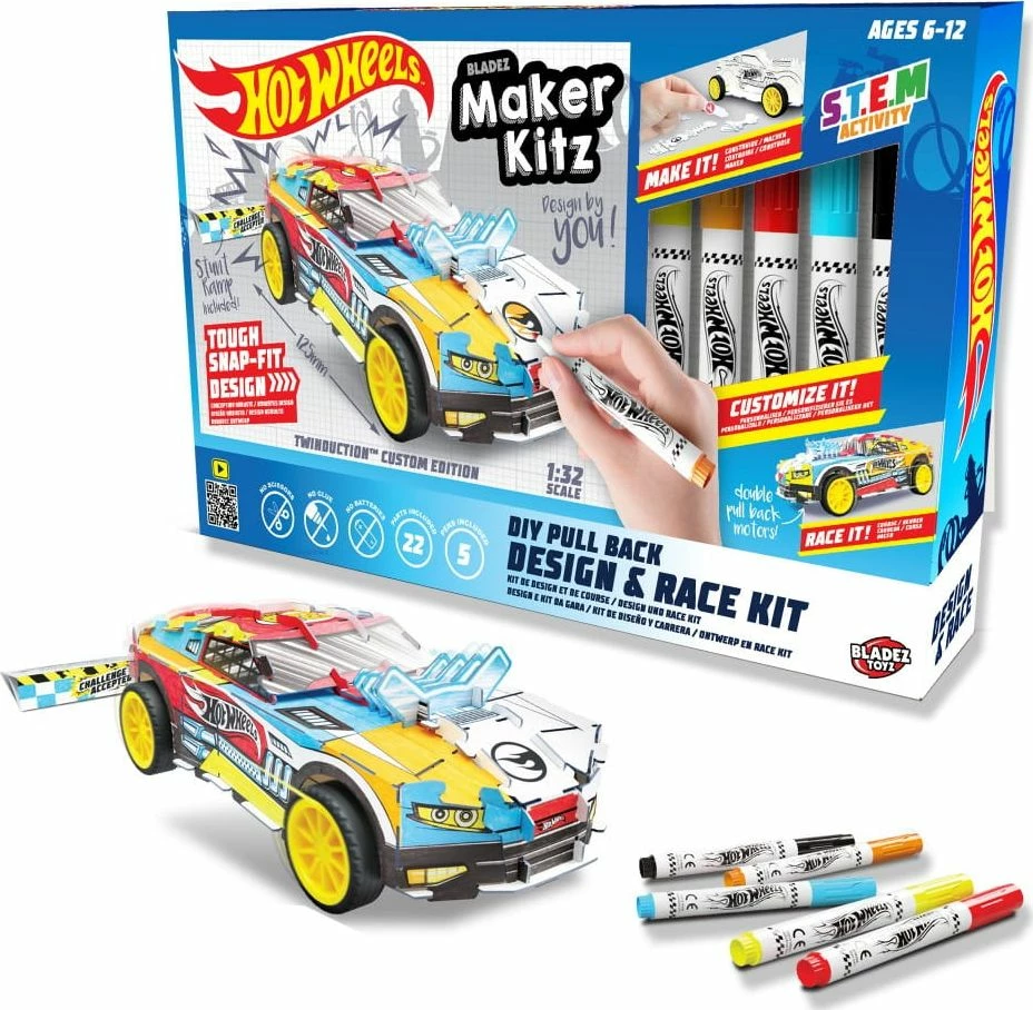 Set makinë lodër Hot Wheels Maker Kitz DIY Pull-Back 1:32, me 5 markerë dhe rampë, shumëngjyrëshe
