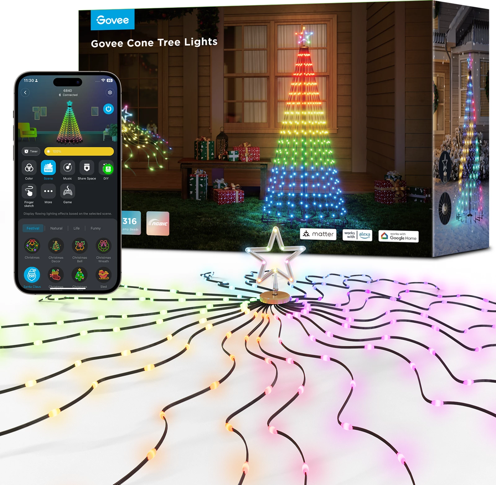 Drita dekorative smart Govee Cone Tree Lights RGBIC, IP65, 66 skena, me kontroll zanor, multicolor, set me 6 kunja