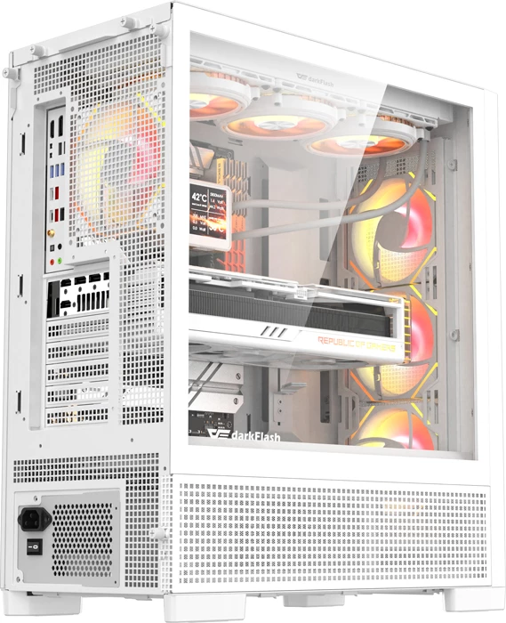 Kasë DarkFlash AIRNOVA Big Tower, mbështetje E-ATX/ATX/M-ATX/ITX, deri 420 mm radiator, USB Type-C Gen2 10 Gbps, set me 3 ventilatorë, e bardhë