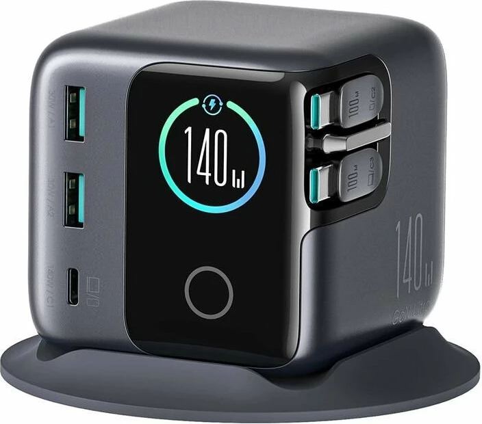 Stacion karikimi Joyroom Podix JR-TRD01 140W, 2x USB-A + 3x USB-C, 2 kabllo USB-C të tërheqshme 0.8 m, gri