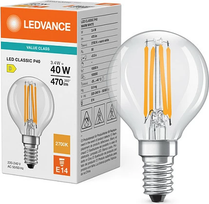 Llambë LED OSRAM Classic P40 Filament, E14, 3.4W, 2700K, e tejdukshme