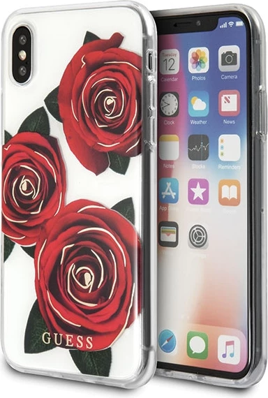 Mbështjellës Guess Flower Desire për iPhone X/XS, Transparent, me trëndafila të kuq