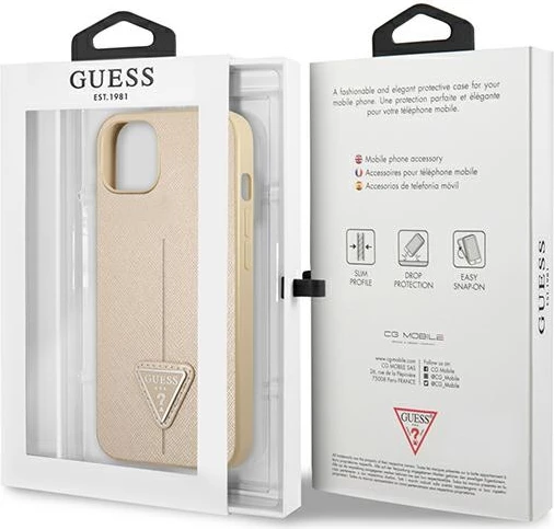 Mbështjellës Guess GUHCP13SPSATLE për iPhone 13 mini, hardcase, Saffiano Triangle, bezhë