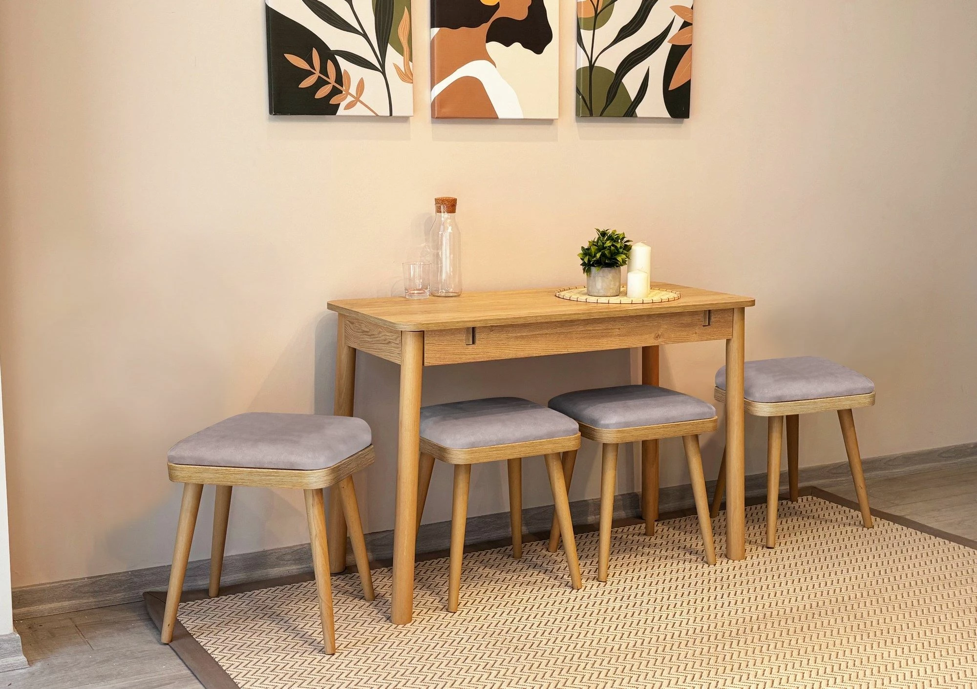 Tavolinë me karrige, zgjatshme, 5 copë, Skye Decor, Vina Mini 05 0701, ngjyrë lis, Soho gri