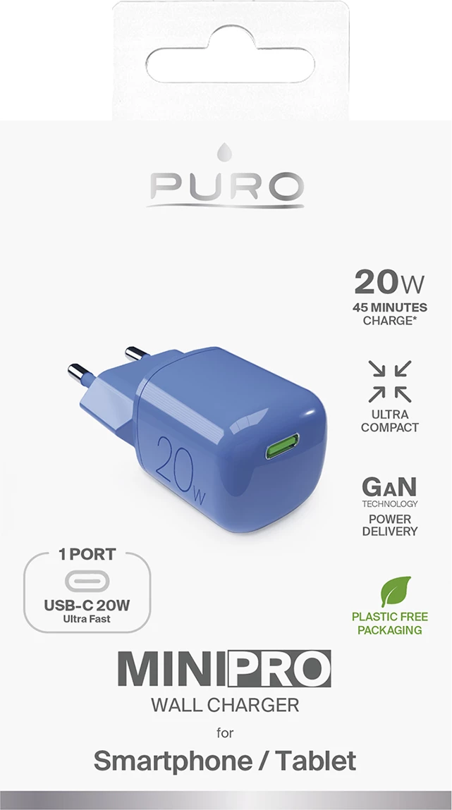Karikues muri Puro Elektrik 20W GaN, USB-C, Kaltër