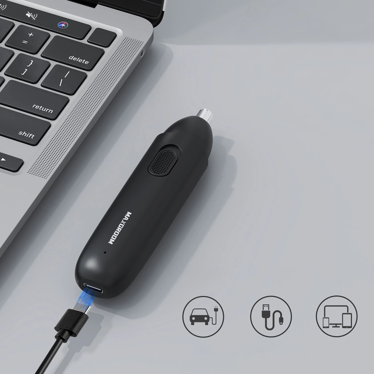 Trimer për hundë, veshë dhe vetulla MAXGROOM GT2220A, karikim USB-C, bateri 120 mAh, 8000 rpm, set me kabllo e kapak, i zi