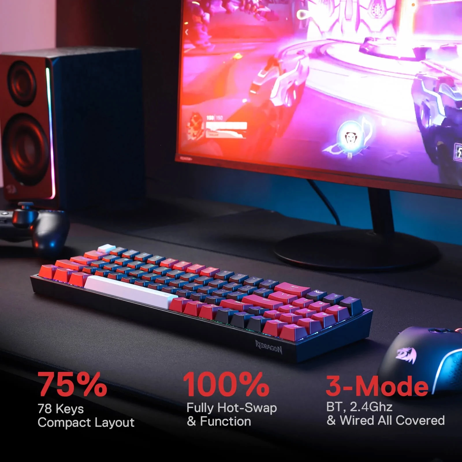 Tastierë mekanike Redragon Pollux K628RGB Pro 75% (78 taste), RGB, Outemu Red, USB-C/2.4GHz/Bluetooth