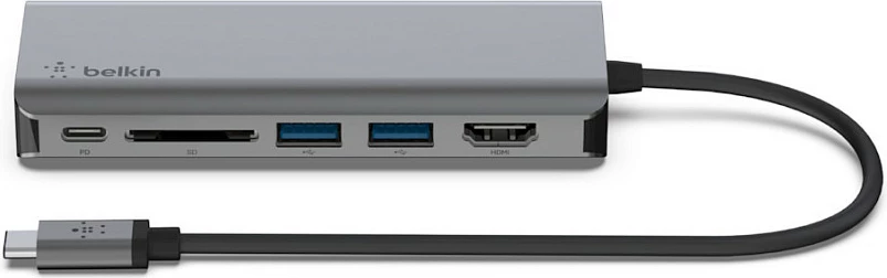 Adapter multiport Belkin AVC008BTSGY, USB-C, 100W, HDMI, RJ-45, SD, 2x USB-A, 1x USB-C, zi/gri