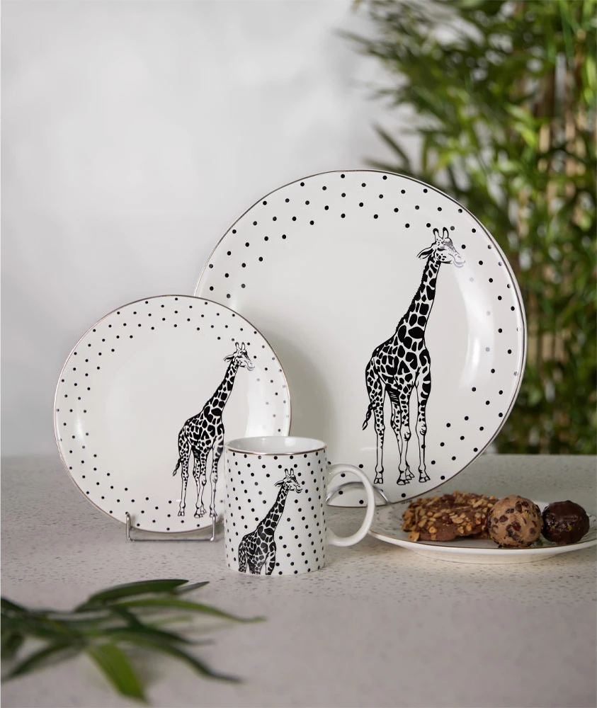 Set pjatash ëmbëlsirash AFRICA, 7 copë, porcelan New Bone China, bardhë e zi, 30x30x3cm