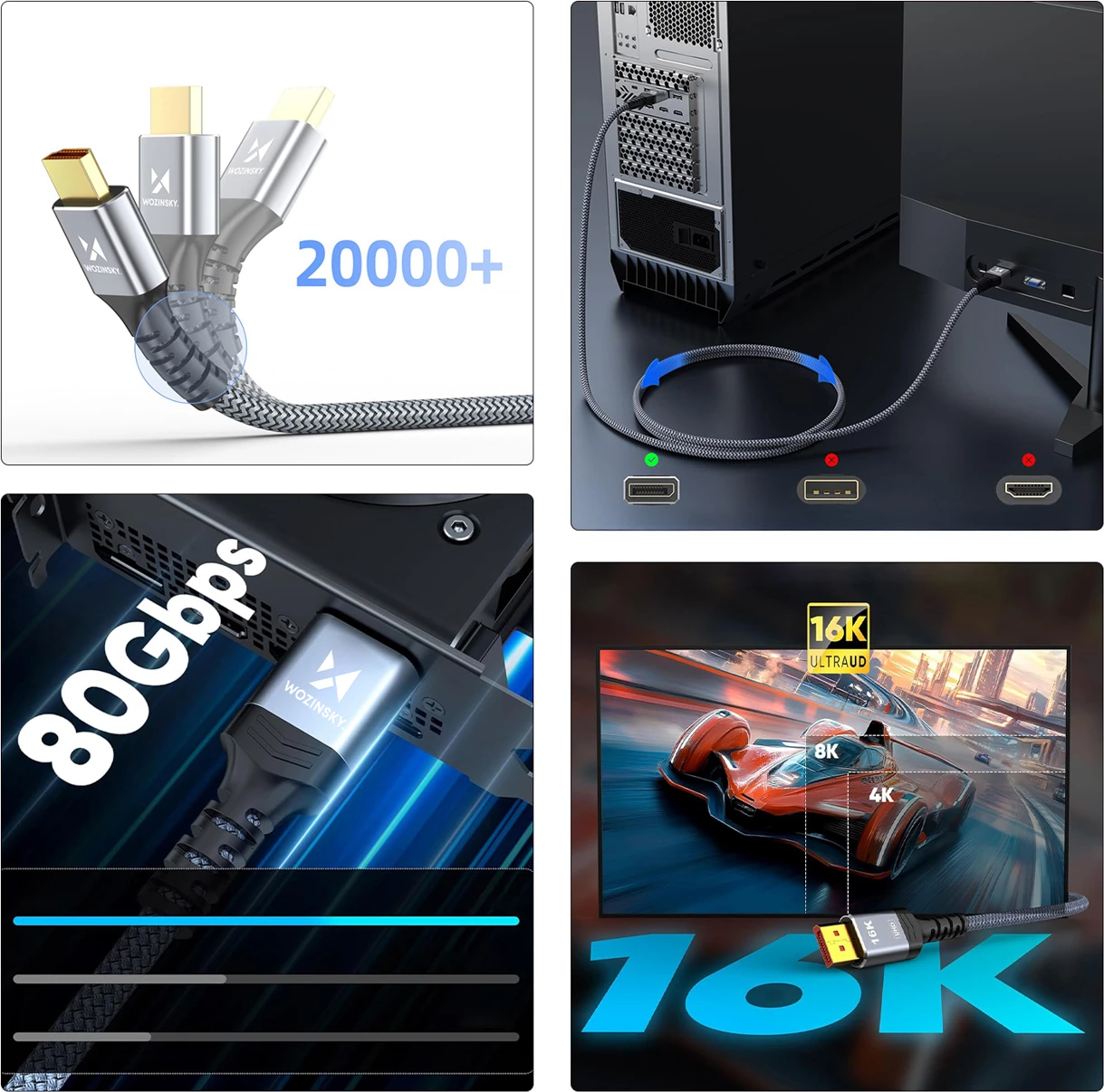 Kabllo DisplayPort 2.1, Wozinsky, WPS-16AYL2S, 80 Gb/s, 16K@60Hz, 2 m, gri