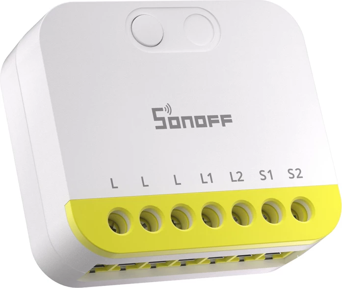 Switch mini 2-kanalësh ZigBee Sonoff MINI-ZB2GS-L, pa neutral (pa N), 100–240V, 8A/kanal, bardhë/verdhë