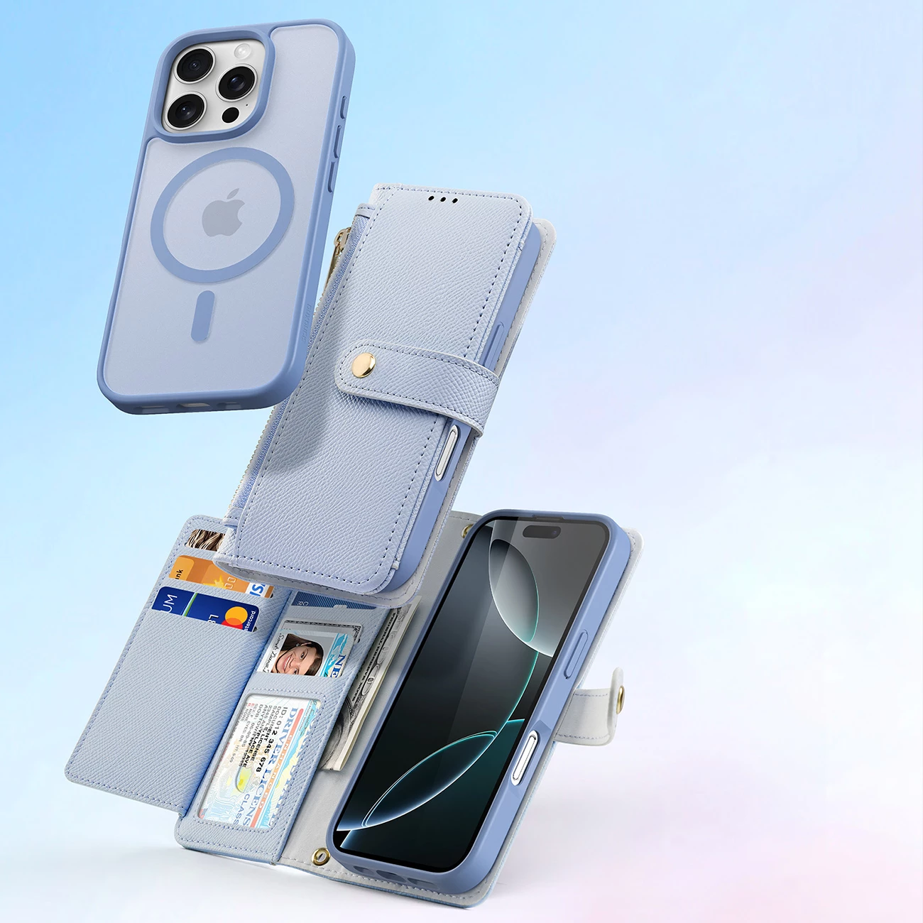 Mbështjellës Dux Ducis Lawa për iPhone 16 Pro, lëkurë, me portofol magnetik të ndashëm, kaltër