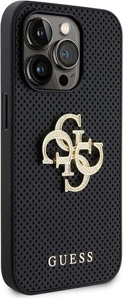 Mbështjellës Guess Perforated 4G Glitter Logo për iPhone 15 Pro 6.1\", hardcase TPU + lëkurë eko, i zi, në kuti