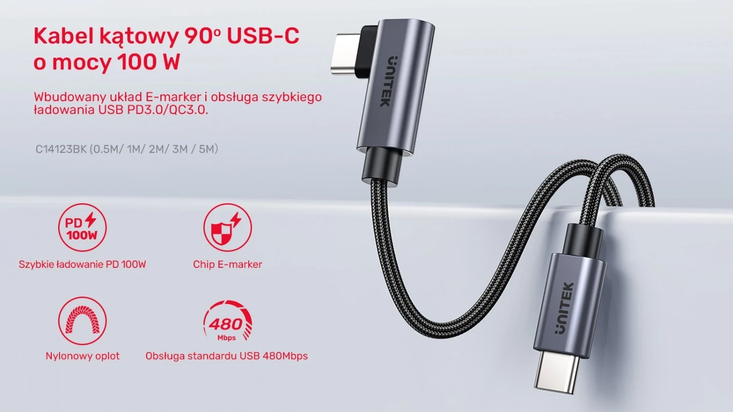 Kabllo Unitek USB-C me kënd 90° PD100W 0,5m, ngjyrë zi-hiri