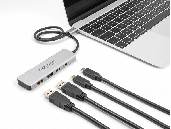 Hub USB DeLOCK, USB-C, 4 porta (2x USB-A + 2x USB-C), 10 Gbps, kabllo 35 cm, alumini, gri