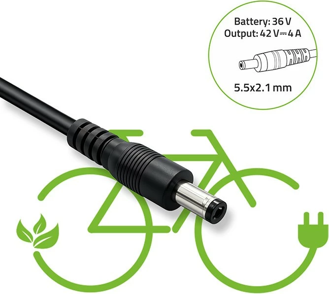 Karikues muri Qoltec 52612, 42V 4A, lidhje 5.5x2.1mm, për bateri 36V Li-ion, me kabllo fuqie, zi