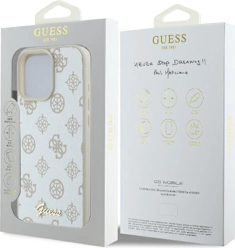 Mbështjellës Guess Peony Script Logo MagSafe për iPhone 16 Pro, Bardhë