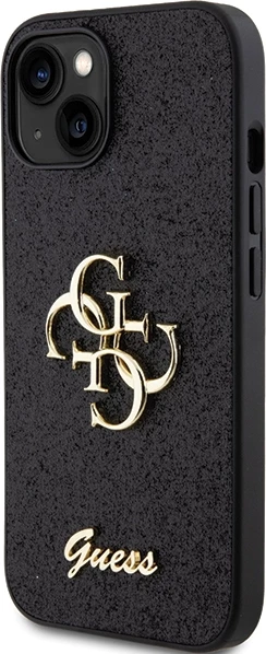 Mbështjellës Guess Glitter Script Big 4G për iPhone 15, i zi