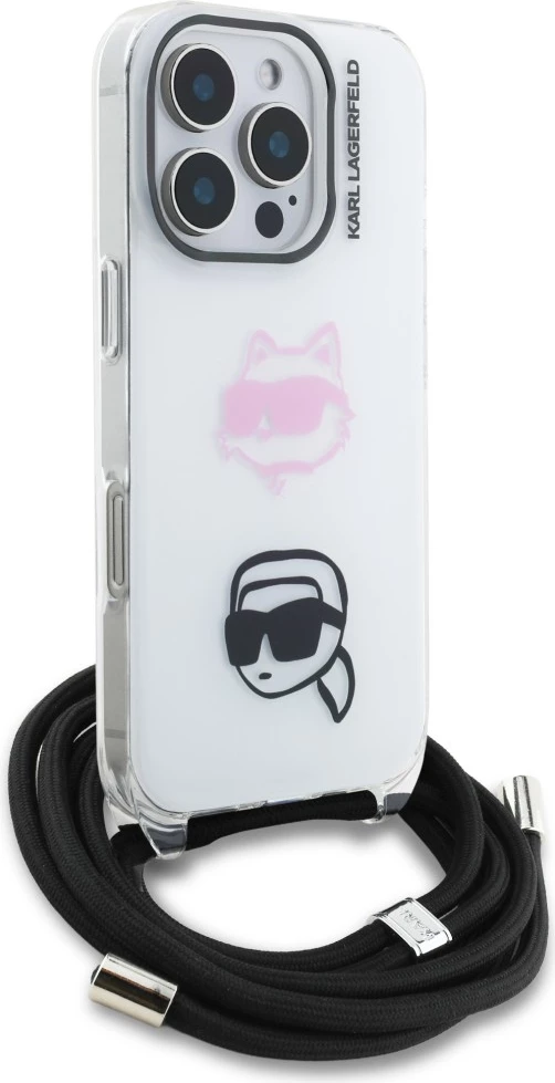 Mbështjellës crossbody Karl Lagerfeld Karl&Choupette Head për iPhone 16 Pro Max, me rrip, i bardhë, në kuti