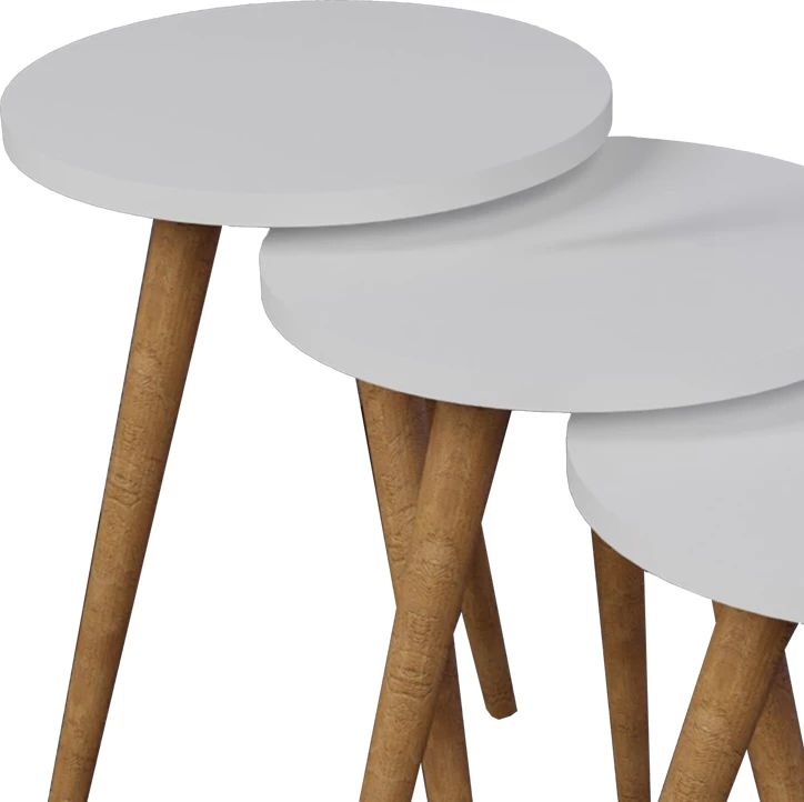 Tavolina anësore Perjene set prej 3 copash melaminë, ngjyrë e bardhë dhe këmbë druri