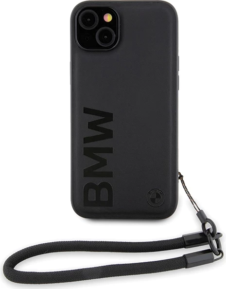 Mbështjellës BMW Signature Leather Wordmark Cord për iPhone 15/14/13, Lëkurë, E zezë