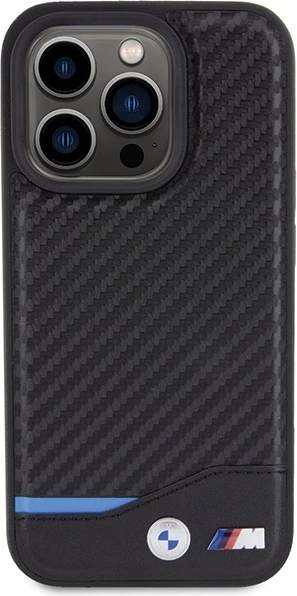 Mbështjellës BMW Leather Carbon MagSafe për iPhone 15 Pro, i zi