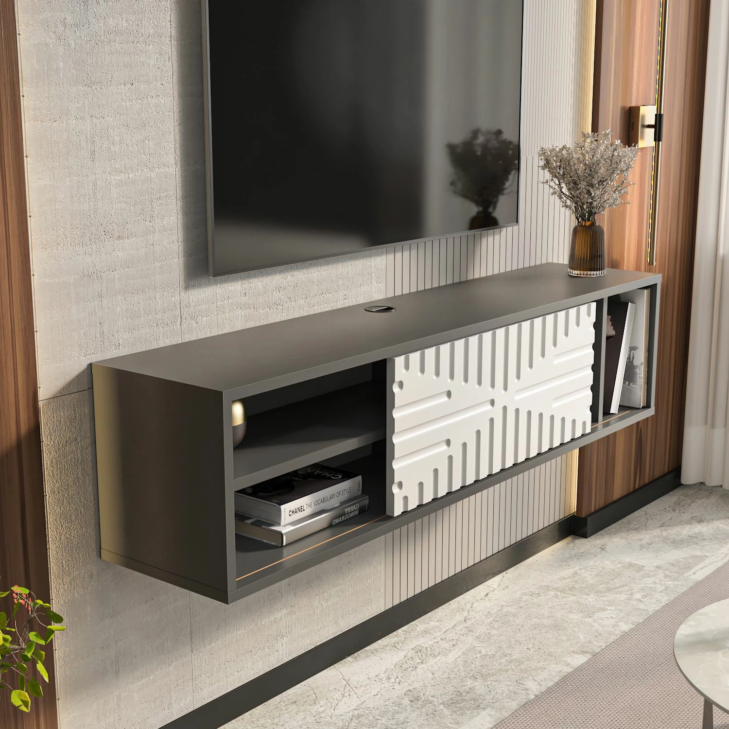 Komodë TV lëvizëse Teo, ngjyrë antracit dhe e bardhë, Skye Decor